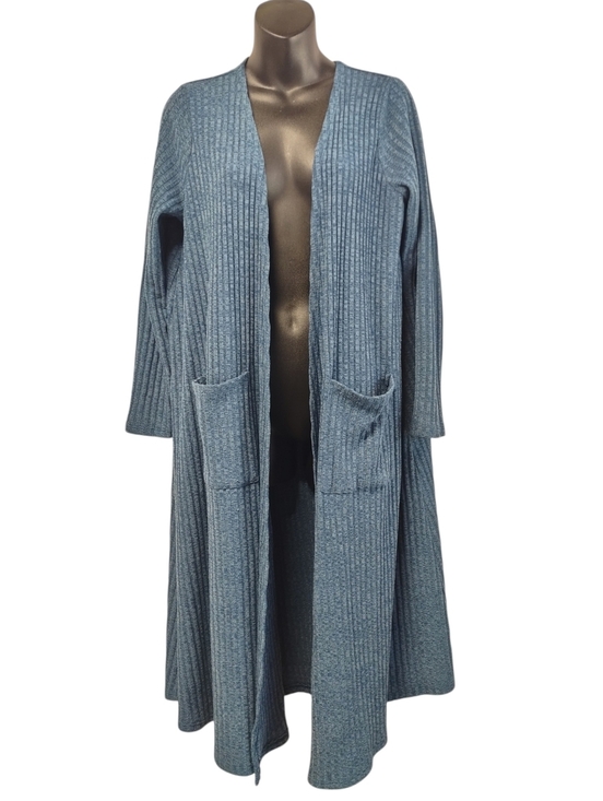 LuLaRoe Sweaters - LuLaRoe Savannah Duster Cardigan Blue Ribbed Knit Long Open Front Pocket Size L